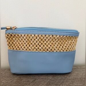 Blue and Tan Woven Women's pouch with beauty products